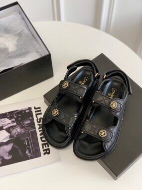 Black Caviar Dad Sandal Gold CC Logo Mule Slide Flat